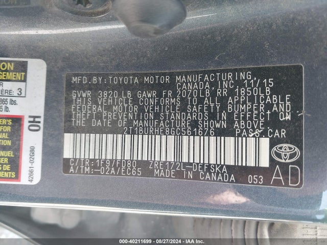 Toyota Corolla S Plus 2016 2T1BURHE8GC561676 Image 9