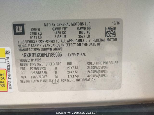 1GKKRSKD8HJ185905 GMC Acadia Limited