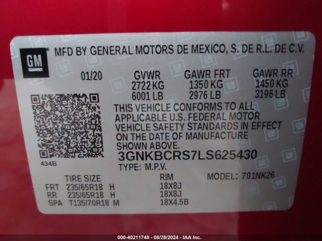 3GNKBCRS7LS625430 Chevrolet Blazer Fwd 2lt