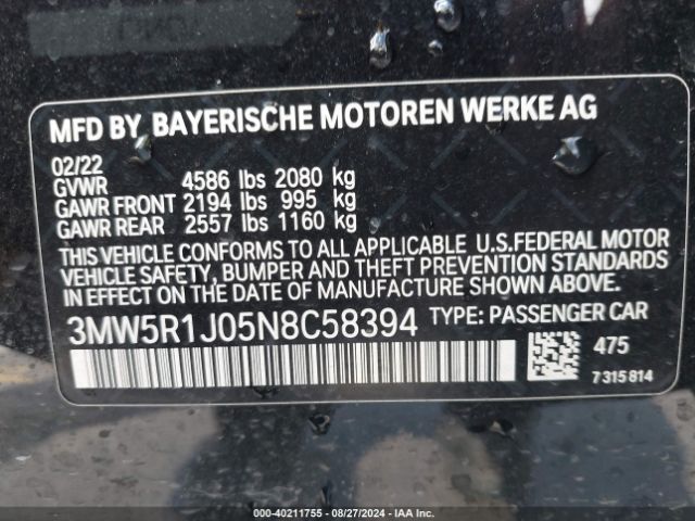 3MW5R1J05N8C58394 BMW 330I