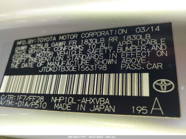 JTDKDTB30E1563198 Toyota Prius C Two