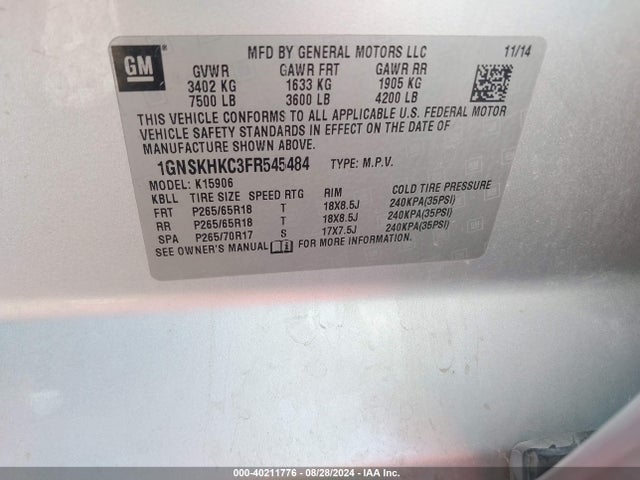 Chevrolet Suburban 1500 Ls 2015 1GNSKHKC3FR545484 Image 9