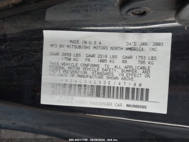 2003 MITSUBISHI ECLIPSE 4A3AC34G33E147180 Photo 8