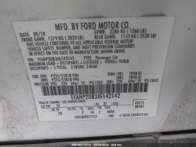 1FAHP2D83JG142142 Ford TAURUS SE