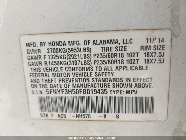 Honda Pilot Ex-l 2015 5FNYF3H50FB019435 Image 9