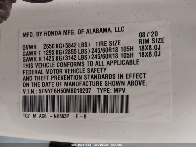 5FNYF6H50MB018297 Honda Pilot Awd Ex-l