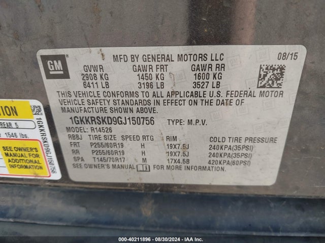 1GKKRSKD9GJ150756 GMC llt - sidi, alum, 60 degrees