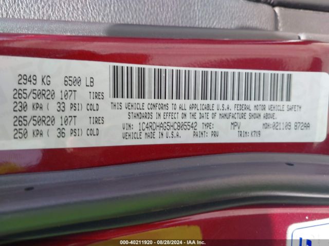 1C4RDHAG5HC805542 Dodge Durango Sxt Rwd