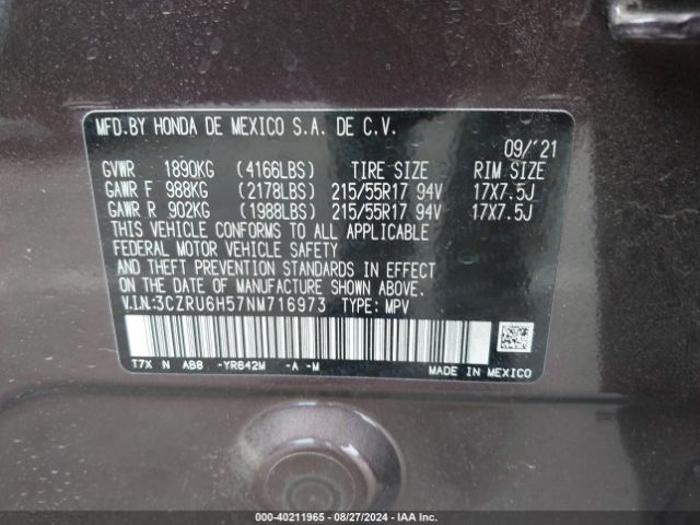 3CZRU6H57NM716973 Honda Hr-v Awd Ex
