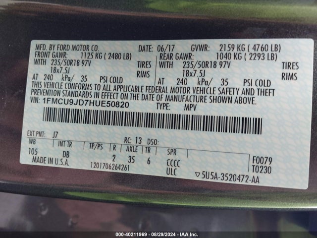 Ford Escape Titanium 2017 1FMCU9JD7HUE50820 Image 9