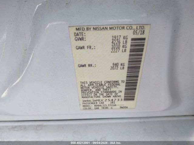 1N4AL3AP8JC254733 Nissan Altima 2.5 Sv