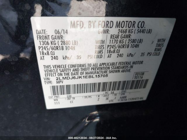 2LMDJ6JK1EBL15705 Lincoln MKX