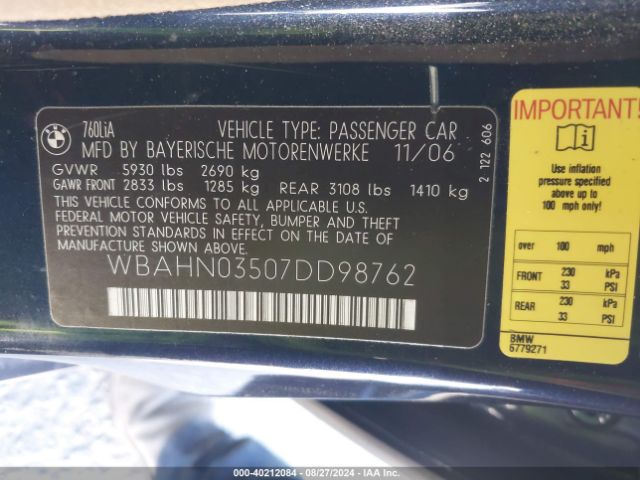 2007 BMW 760LI WBAHN03507DD98762 Photo 8