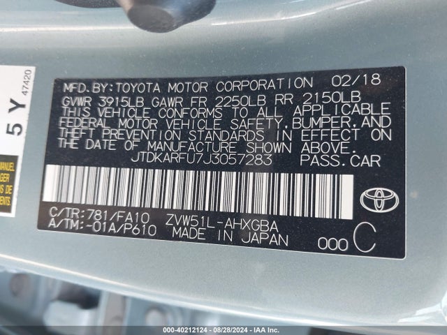 JTDKARFU7J3057283 Toyota Prius Three