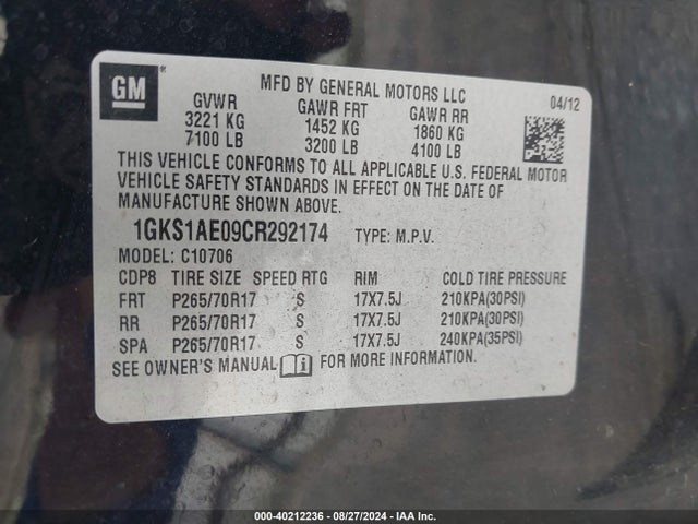 2012 Gmc Yukon Sle მანქანა იყიდება აუქციონზე, vin: 1GKS1AE09CR292174, აუქციონის ნომერი: 40212236