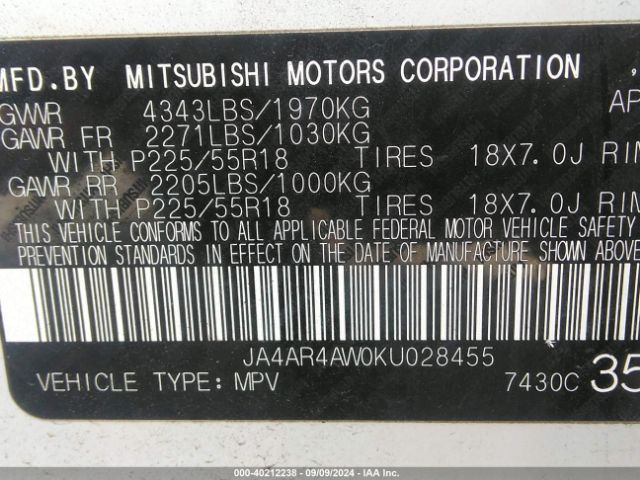 JA4AR4AW0KU028455 Mitsubishi Outlander Sport 2.4 Gt