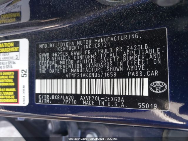 4T1F31AKXNU571658 Toyota Camry Xle Hybrid