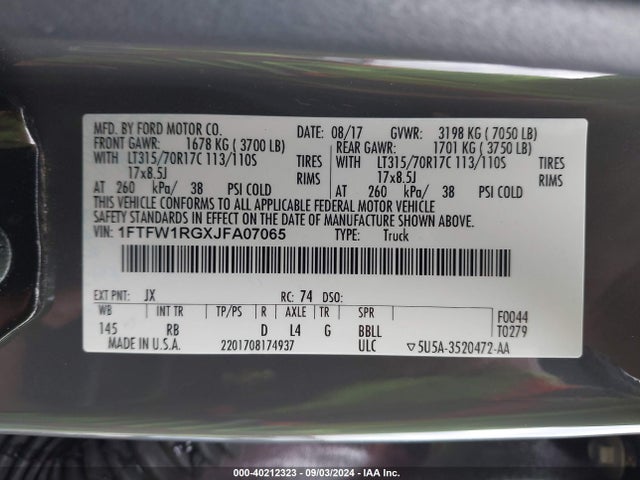 Ford F-150 Raptor 2018 1FTFW1RGXJFA07065 Image 9