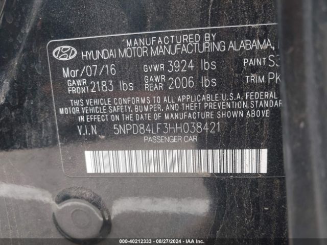 5NPD84LF3HH038421 Hyundai ELANTRA SE