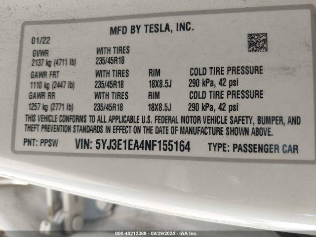 2022 TESLA MODEL 3 5YJ3E1EA4NF155164 Photo 8