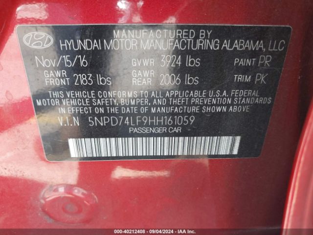 Hyundai ELANTRA SE 2017 5NPD74LF9HH161059 Image 9