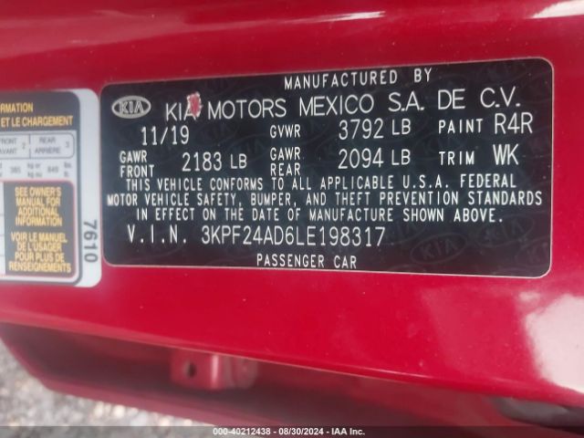 3KPF24AD6LE198317 KIA Forte Lxs