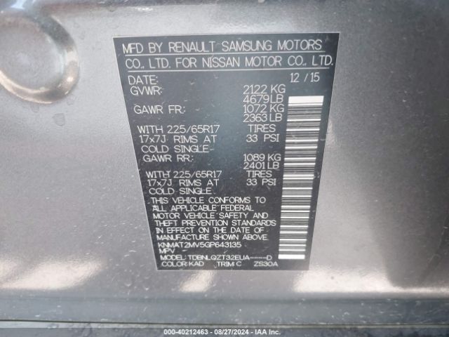 KNMAT2MV5GP643135 Nissan ROGUE SV