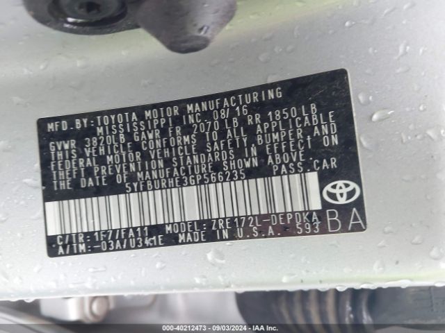 5YFBURHE3GP566235 Toyota COROLLA L