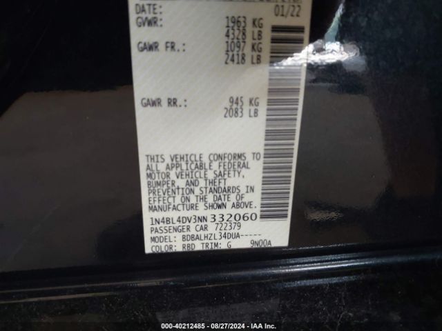1N4BL4DV3NN332060 Nissan Altima Sv Fwd