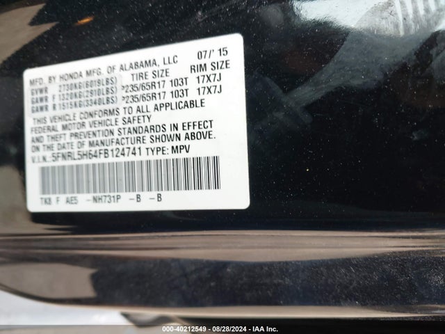 Honda Odyssey Ex-l 2015 5FNRL5H64FB124741 Image 9