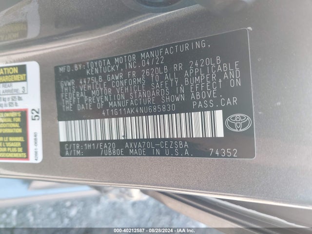 Toyota CAMRY SE 2022 4T1G11AK4NU685830 Image 9