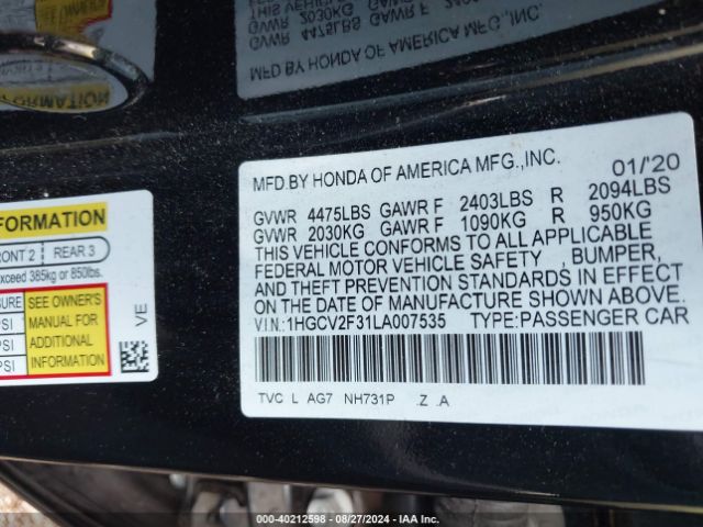 1HGCV2F31LA007535 Honda Accord Sport 2.0t