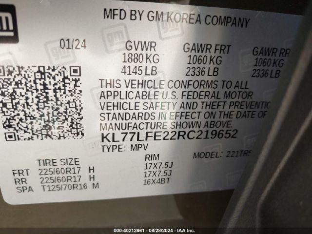 KL77LFE22RC219652 Chevrolet Trax Fwd Sp