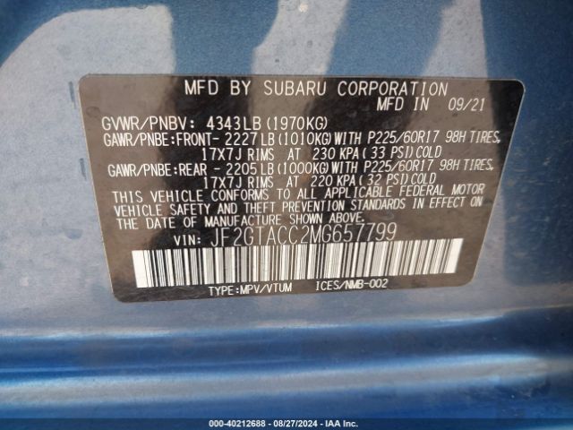 JF2GTACC2MG657799 Subaru Crosstrek Premium