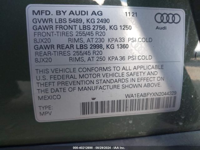 WA1EABFYXN2044329 Audi Q5 Premium Plus 45 Tfsi S Line Quattro S Tronic