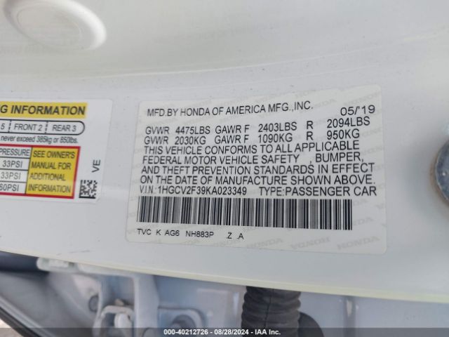 1HGCV2F39KA023349 Honda Accord Sport 2.0t