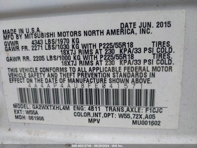 4A4AP4AU8FE041571 Mitsubishi Outlander Sport Se