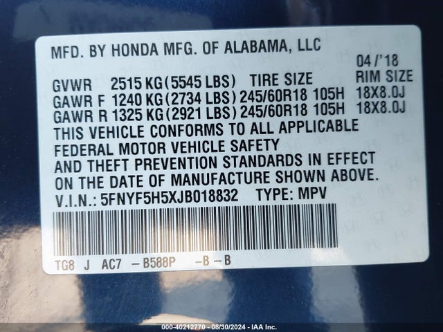 Honda Pilot Ex-l 2018 5FNYF5H5XJB018832 Image 9