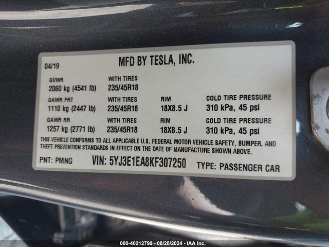 2019 TESLA MODEL 3 5YJ3E1EA8KF307250 Photo 8