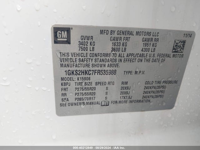 1GKS2HKC7FR535988 GMC Yukon Xl 1500 Slt