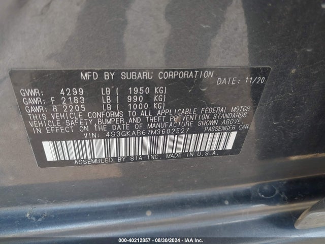 Subaru IMPREZA SEDAN 2021 4S3GKAB67M3602527 Image 9