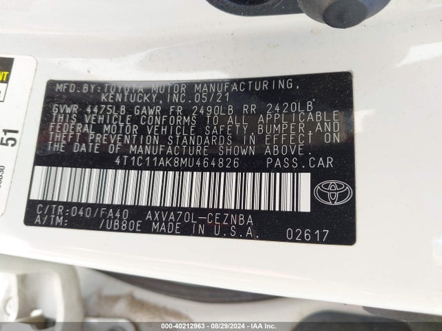 Toyota CAMRY LE 2021 4T1C11AK8MU464826 Image 9