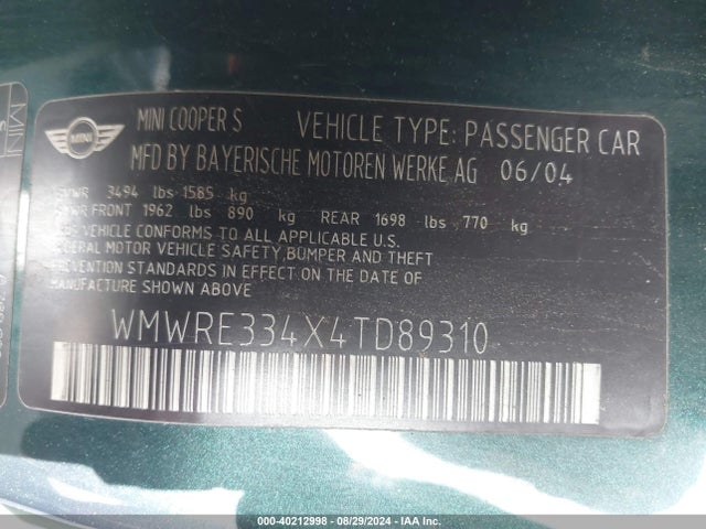 2004 MINI COOPER S WMWRE334X4TD89310 Photo 8