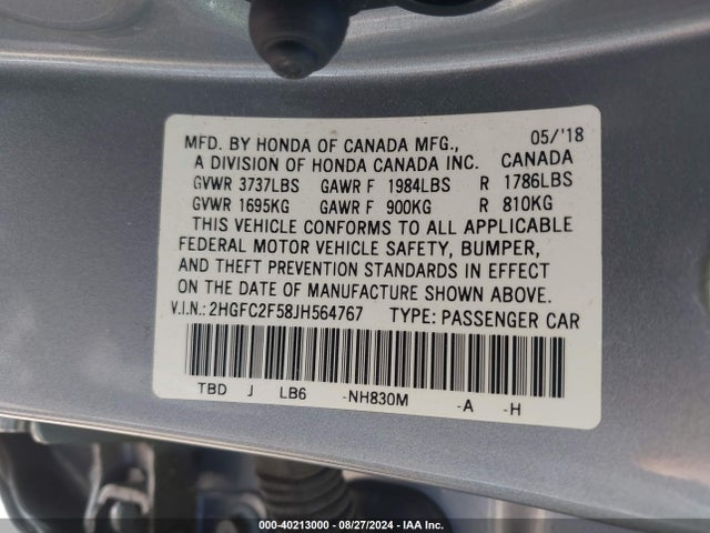Honda Civic Lx 2018 2HGFC2F58JH564767 Image 9