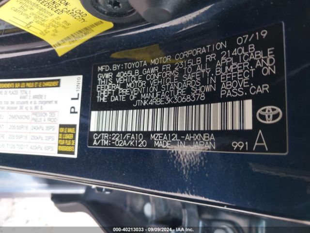 JTNK4RBE3K3068378 Toyota COROLLA SE