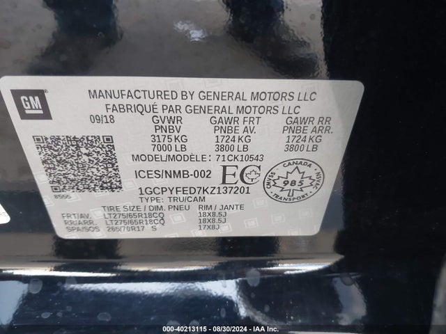 1GCPYFED7KZ137201 Chevrolet Silverado 1500 Lt Trail Boss