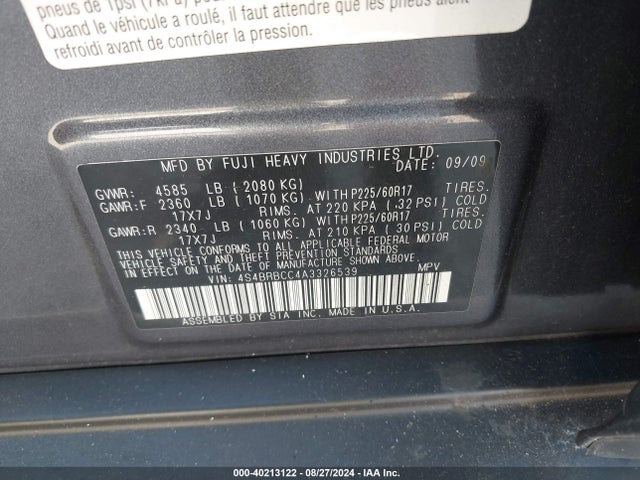 Продажа на аукционе авто 2010 Subaru Outback 2.5i Premium, vin: 4S4BRBCC4A3326539, номер лота: 40213122