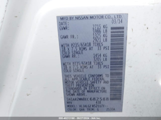 Nissan Pathfinder Sl 2014 5N1AR2MN8EC682588 Image 9