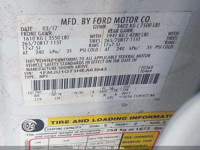 1FMJU1GT3HEA63943 Ford Expedition Xl
