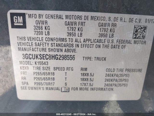 3GCUKSEC8HG298556 Chevrolet Silverado 1500 1lz